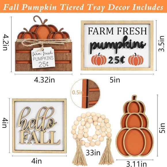 5PCS Fall Decor Set-Stacked Pumpkin, Farm Fresh Crate, Bead Garland, Rustic Tray - Picture 2 of 6